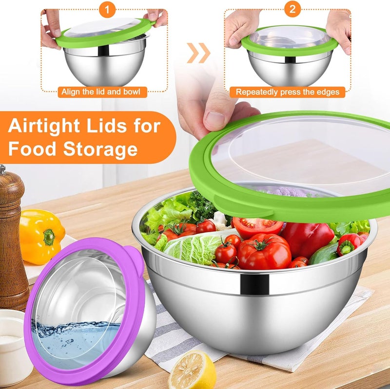 LIANYU Mixing Bowls with Visible Lid Sets of 6, Stainless Steel Metal Salad Nesting Bowls, Large & Small 7, 3.5, 2.5, 2, 1.5, 1QT Size For Kitchen, Baking, Storage, Food Prepping, Serving, Multi-Color - Image 4