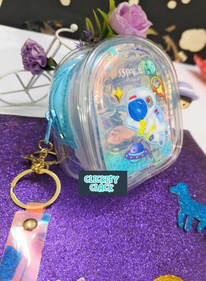CLICKETY CLACK™ Attractive cute cartoon Water Glitter Liquid Holographic small purse with Keychain Strap/Gifting option for loved ones birthday theme parties return gift favour (Pack-1) (Space) - Image 3
