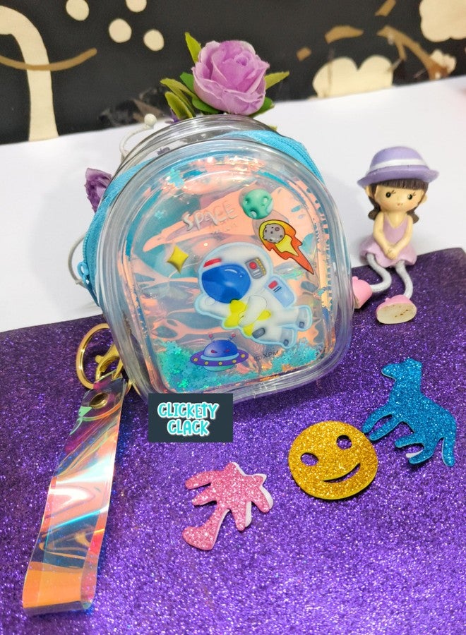 CLICKETY CLACK™ Attractive cute cartoon Water Glitter Liquid Holographic small purse with Keychain Strap/Gifting option for loved ones birthday theme parties return gift favour (Pack-1) (Space) - Image 1