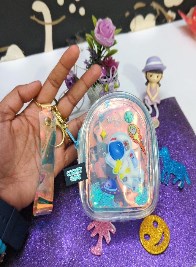 CLICKETY CLACK™ Attractive cute cartoon Water Glitter Liquid Holographic small purse with Keychain Strap/Gifting option for loved ones birthday theme parties return gift favour (Pack-1) (Space) - Image 2