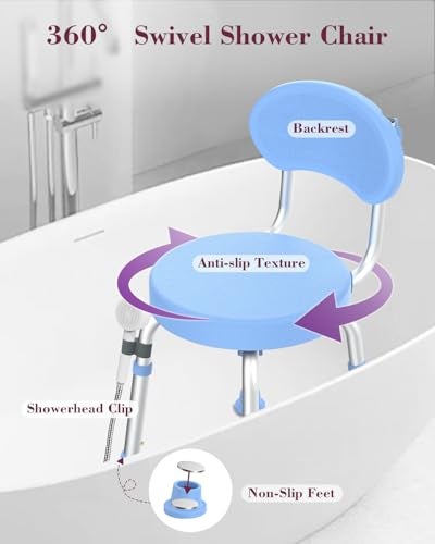 Fvzzin Swivel Shower Chair, 360° Non-Slip Shower Seat with Backrest for Elderly and Disabled, Height Adjustable Rotating Tub Bench for Seniors Bathroom Inside Shower with Compact Frame (Blue) - Image 2