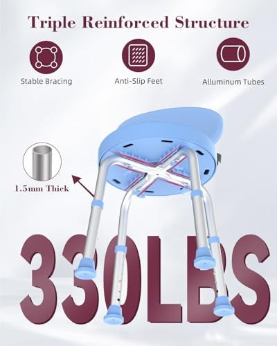 Fvzzin Swivel Shower Chair, 360° Non-Slip Shower Seat with Backrest for Elderly and Disabled, Height Adjustable Rotating Tub Bench for Seniors Bathroom Inside Shower with Compact Frame (Blue) - Image 3