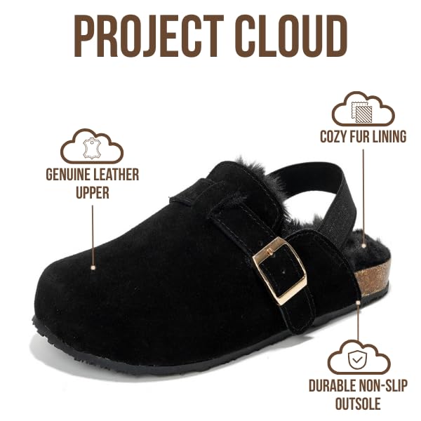 Project Cloud 100% Genuine Leather Kids Clogs with Natural Cork Footbed & Memory Foam Insole Arch Support - Non-Slip Clogs for Kids - Slippers Sandals for Boys & Girls Footwear(Jeanna, Black, 13) - Image 3