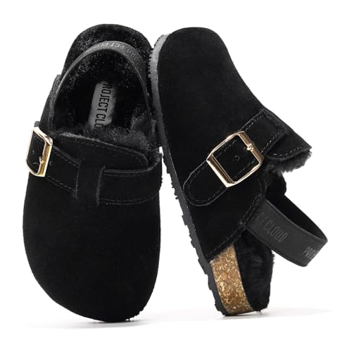 Project Cloud 100% Genuine Leather Kids Clogs with Natural Cork Footbed & Memory Foam Insole Arch Support - Non-Slip Clogs for Kids - Slippers Sandals for Boys & Girls Footwear(Jeanna, Black, 13) - Image 1
