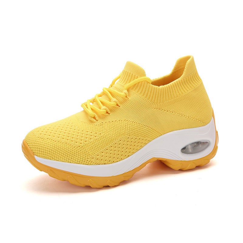 Cross-border New Air Cushion Womens Shoes Thick Bottom Rocking Shoes Womens Sports Leisure Fashion Lightweight Flying Weaving Womens Shoes 1862 yellow 