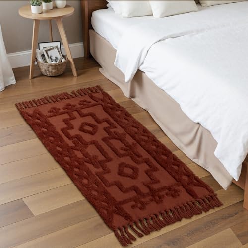 Uphome Boho Bathroom Runner Rug 2' x 4.3', Washable Woven Cotton Bedroom Runners, Terracotta Aesthetic Tufted Entryway Runner Rugs, Bohemian Tribal Throw Rug for Bedside Living Room Laundry Kitchen - Image 2