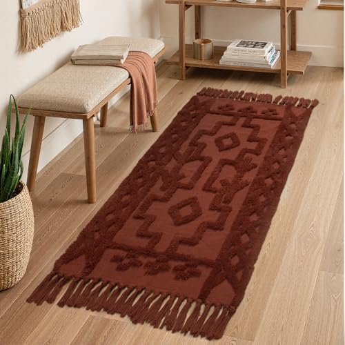 Uphome Boho Bathroom Runner Rug 2' x 4.3', Washable Woven Cotton Bedroom Runners, Terracotta Aesthetic Tufted Entryway Runner Rugs, Bohemian Tribal Throw Rug for Bedside Living Room Laundry Kitchen - Image 1