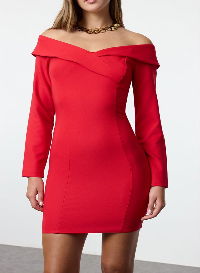 trendyol Red Body-Sit Carmen Collar Woven Mini Dress TPRAW25EL00054 - Image 3