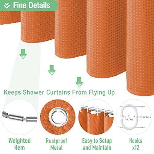 Dynamene Burnt Orange Fabric Shower Curtain - Waffle Weave Textured Heavy Duty Cloth Shower Curtains for Bathroom, 256GSM Hotel Luxury Weighted Bath Curtain Set with 12 Hooks,72x72, Burnt Orange - Image 5