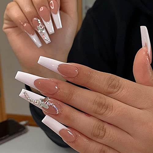 ZEYER 24 Pcs Press on Long Fake Nails - Acrylic Ballet French White Illuminate Butterfly Adhesive Tape Nails Design for Women and Girls - Image 1