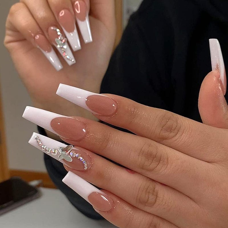 ZEYER 24 Pcs Press on Long Fake Nails - Acrylic Ballet French White Illuminate Butterfly Adhesive Tape Nails Design for Women and Girls - Image 2
