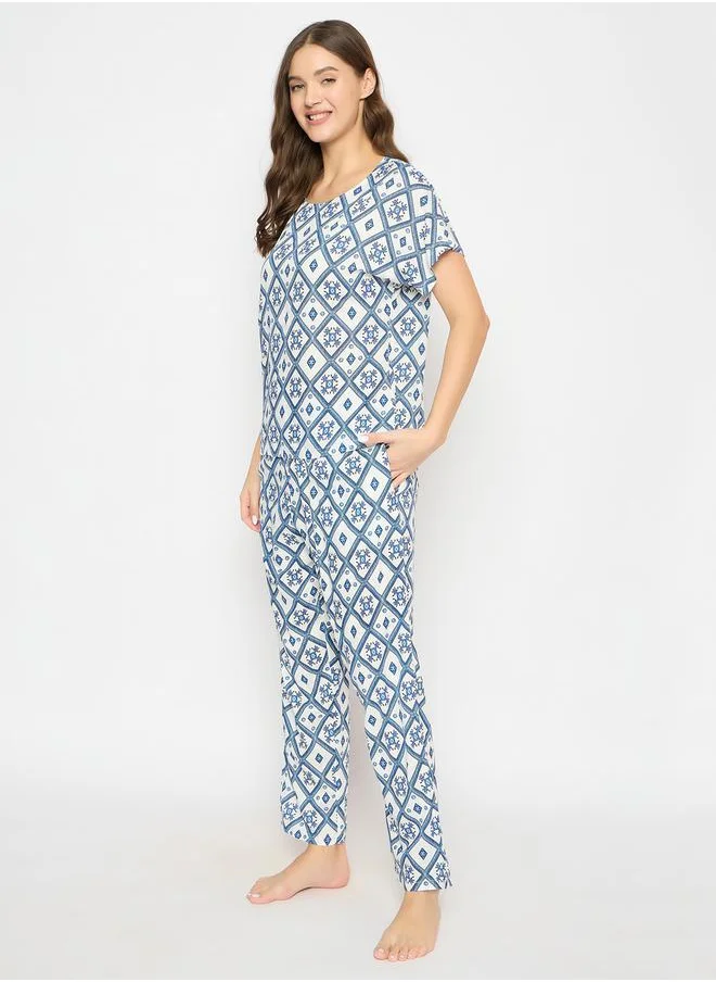 Clovia Printed Round Neck Top and Pyjama Set by Styli