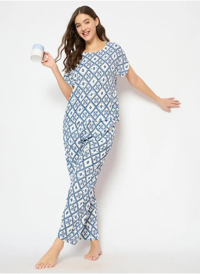 Clovia Printed Round Neck Top and Pyjama Set by Styli