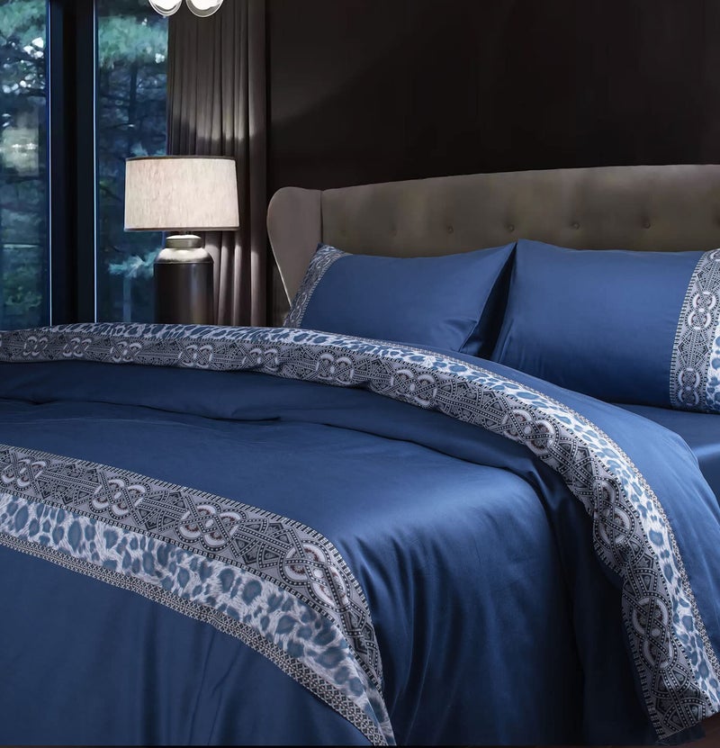 Spread Spain Cotton Villa Barcelona Bedsheet Super King Size with 2 Pillow Cases 500 Thread Count (108" x 108" Inch Navy Blue) - Image 1