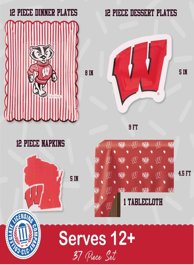 PartyKandy Wisconsin Badgers party supplies with UW tablecloth plates and napkins (37 piece set) for graduation, football tailgating, and birthday party decorations (Serves 12) (Wisconsin Badgers) - Image 2