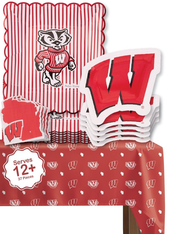 PartyKandy Wisconsin Badgers party supplies with UW tablecloth plates and napkins (37 piece set) for graduation, football tailgating, and birthday party decorations (Serves 12) (Wisconsin Badgers) - Image 1
