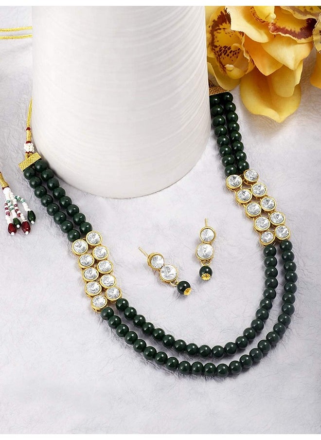 I Jewels I Jewels 18K Gold Plated Traditional Stunning White Stone Studded Layered Pearl Necklace Jewellery Set with Earrings For Women and Girls (IJ365G)  - Image 3