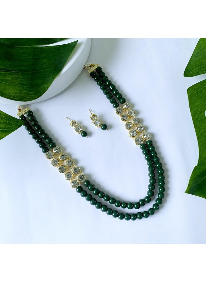 I Jewels I Jewels 18K Gold Plated Traditional Stunning White Stone Studded Layered Pearl Necklace Jewellery Set with Earrings For Women and Girls (IJ365G)  - Image 2