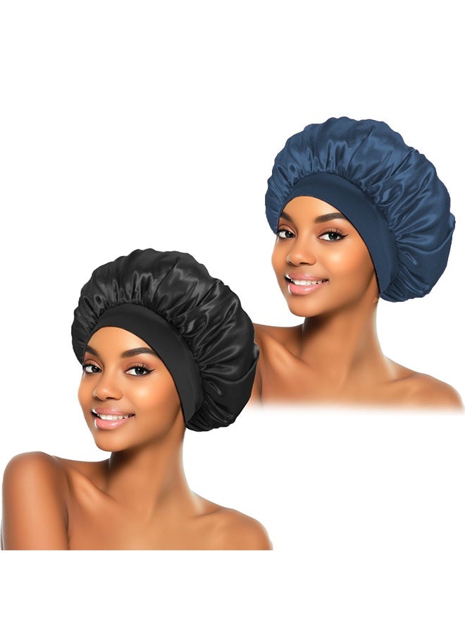 BOFAN 2Pcs Silk Bonnet for Sleeping, Satin Hair Bonnets, Soft Elastic Band Silk Sleep Cap, Hair Wrap for Women(Black&Navy blue) - Image 1