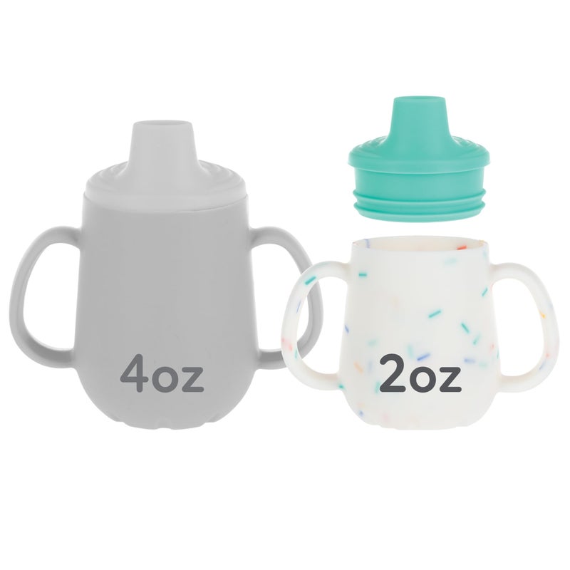 Nuby First Training Cup - Silicone Cup with Free-Flow Spout and Easy-Grip Design - 2 oz - 6+ Months - Aqua and Sprinkles - Image 1