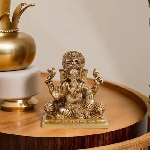 Kartique Brass Ganesh Bhagwan Idol Ganesha Statue Ganpati Murti for Home Entrance Decor Diwali Gift Ganesha with Large Ear Height 5 Inch Gold Color - Image 1