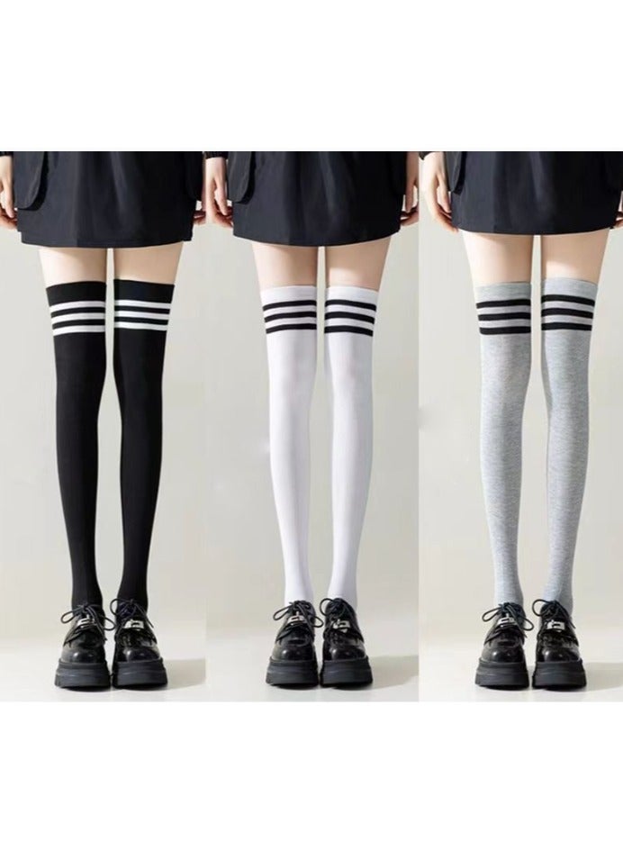 Joychic Women's summer thin knee-length socks JK socks slightly pressed slimming women's socks classic black, white and gray Japanese CY, versatile knee-length socks, fashionable college style women's socks (3 pairs, multi-color)  - Image 1