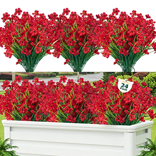 Lnoicy 24 Pcs Artificial Flowers for OutdoorPlastic Flowers Decoration UV Resistant Faux Flowers Shrubs Artificial Plants for Indoor Outside Garden Home Wedding FarmhouseRed - Image 1