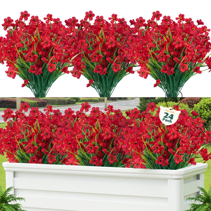 Lnoicy 24 Pcs Artificial Flowers for OutdoorPlastic Flowers Decoration UV Resistant Faux Flowers Shrubs Artificial Plants for Indoor Outside Garden Home Wedding FarmhouseRed - Image 2
