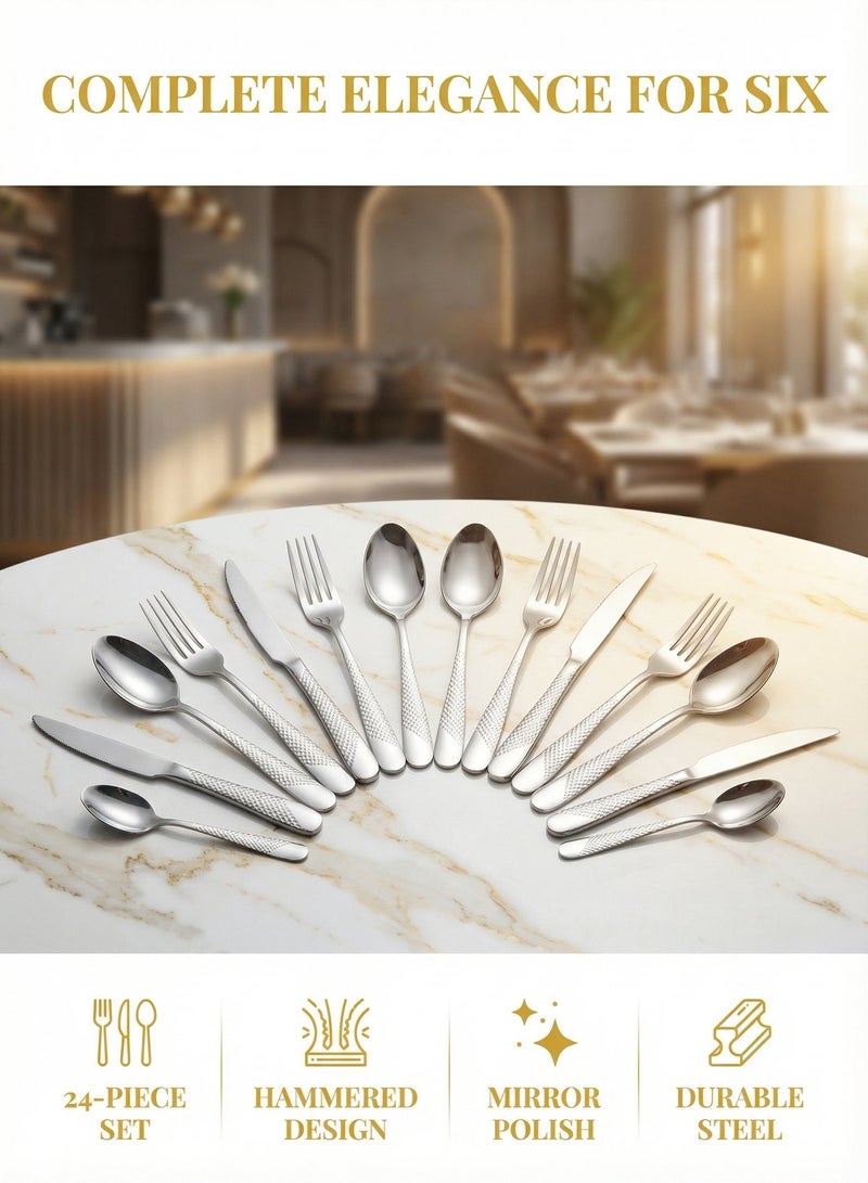 ZERIFAM Cutlery Set, 24 Piece Flatware Set, Food Grade Stainless Steel Flatware Set, Mirror Finished Utensil Sets for Home Restaurant, Dishwasher Safe, Rust Resistant, Restaurants and Home Use - Image 2