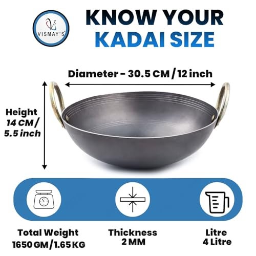 VISMAY'S 4 Litre 12 Inch Food Grade Iron Kadhai Wok Frypan Lohe ki Kadai Smooth Edges Riveted Handles Deep Frying, Roasting Metal Spoon Friendly Traditional Indian Cooking Durable Kitchen Cookware - Image 2
