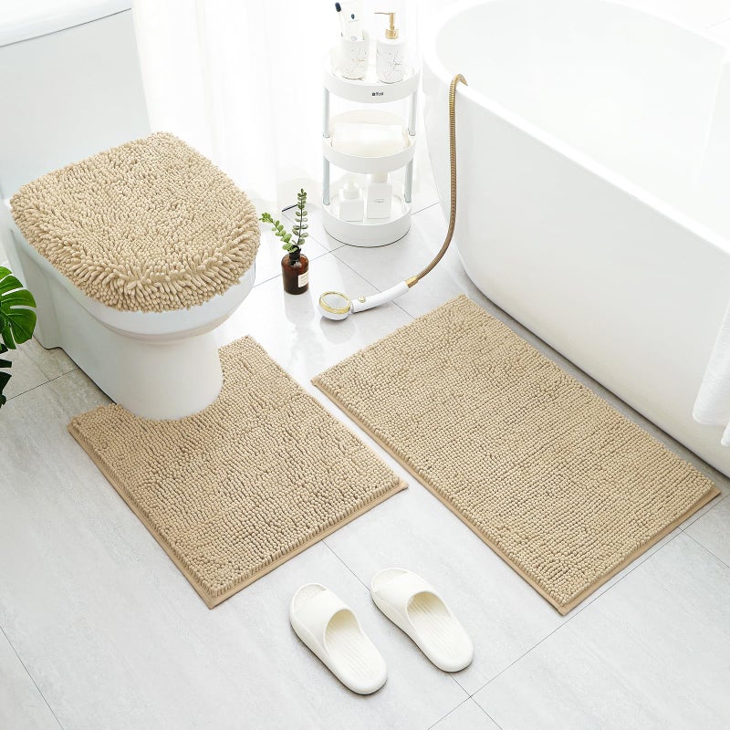 BYSURE Beige Bathroom Rugs Sets 3 Piece with Toilet Lid Cover Non Slip Extra Absorbent Plush Chenille Soft Washable Bath Mats