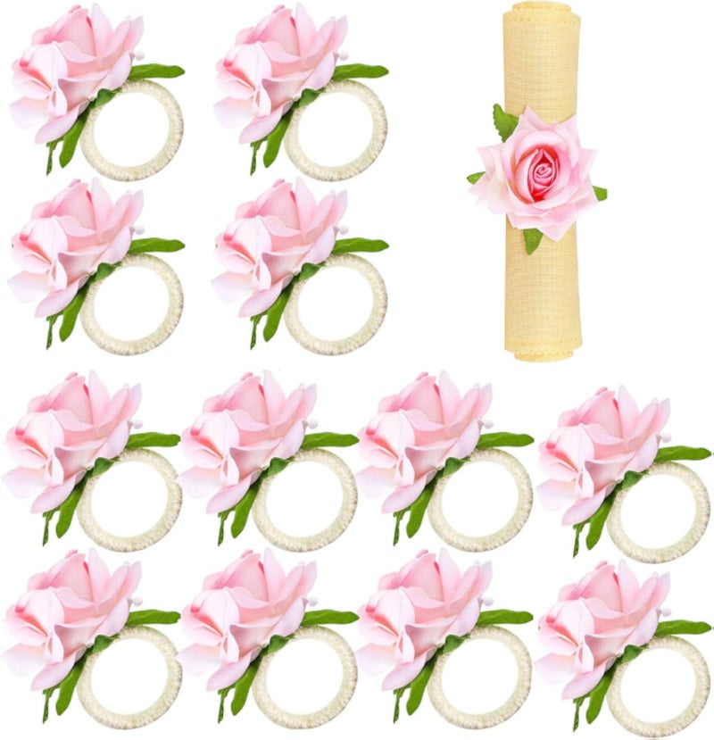 Flower Napkin Rings Set of 12,Pink Rose Flower Handmade Napkin Holder Rings Table Decorations for Wedding,Fall,Daily Party,Picnics,Banquet,Luncheons,Birthday,Christmas,Valentine's,Thanksgiving