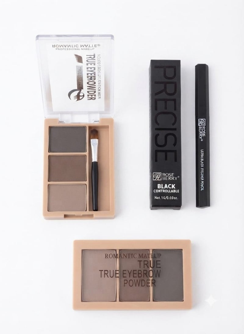 Complete eye makeup set: Eyebrow powder palette (3 colors) + jet black eyeliner - Image 1