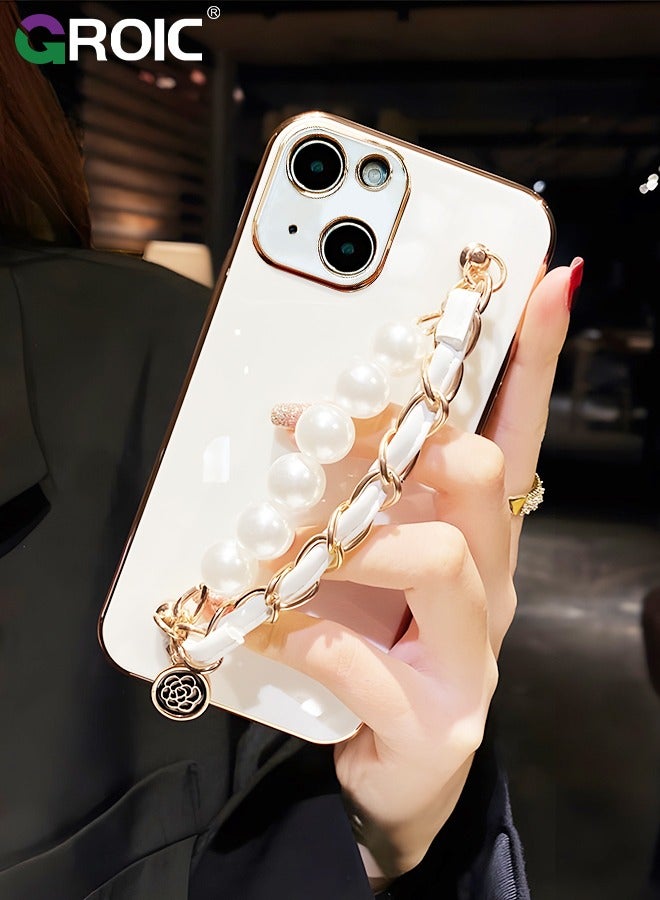 GROIC iPhone 15 Phone Case with Fashion Pearl Bracelet Strap,Luxury Plating Cover,White TPU Phone Shell for Women,Camera Protection Shockproof Bumper Phone Case for iPhone 15 6.1 Inch  - Image 3