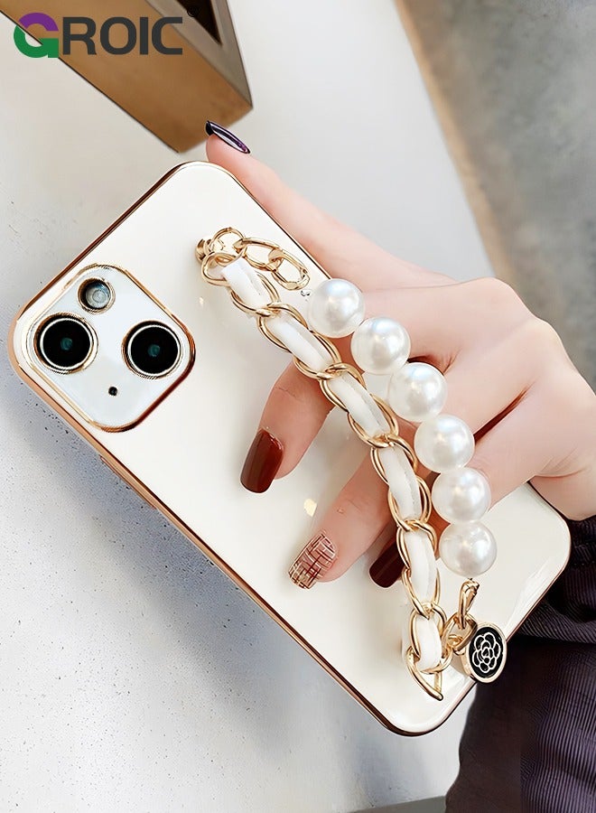 GROIC iPhone 15 Phone Case with Fashion Pearl Bracelet Strap,Luxury Plating Cover,White TPU Phone Shell for Women,Camera Protection Shockproof Bumper Phone Case for iPhone 15 6.1 Inch  - Image 5