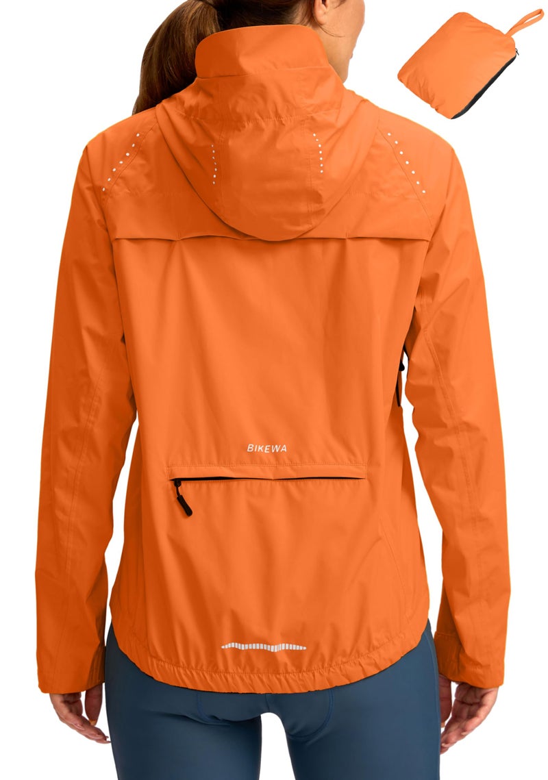 Bikewa Women's Cycling Rain Jackets Waterproof Windbreaker Lightweight Running Windproof Reflective Jacket Packable Hooded(Orange,XL) - Image 1