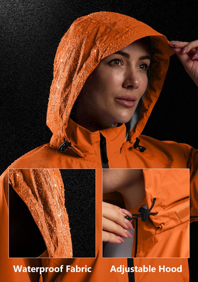 Bikewa Women's Cycling Rain Jackets Waterproof Windbreaker Lightweight Running Windproof Reflective Jacket Packable Hooded(Orange,XL) - Image 3
