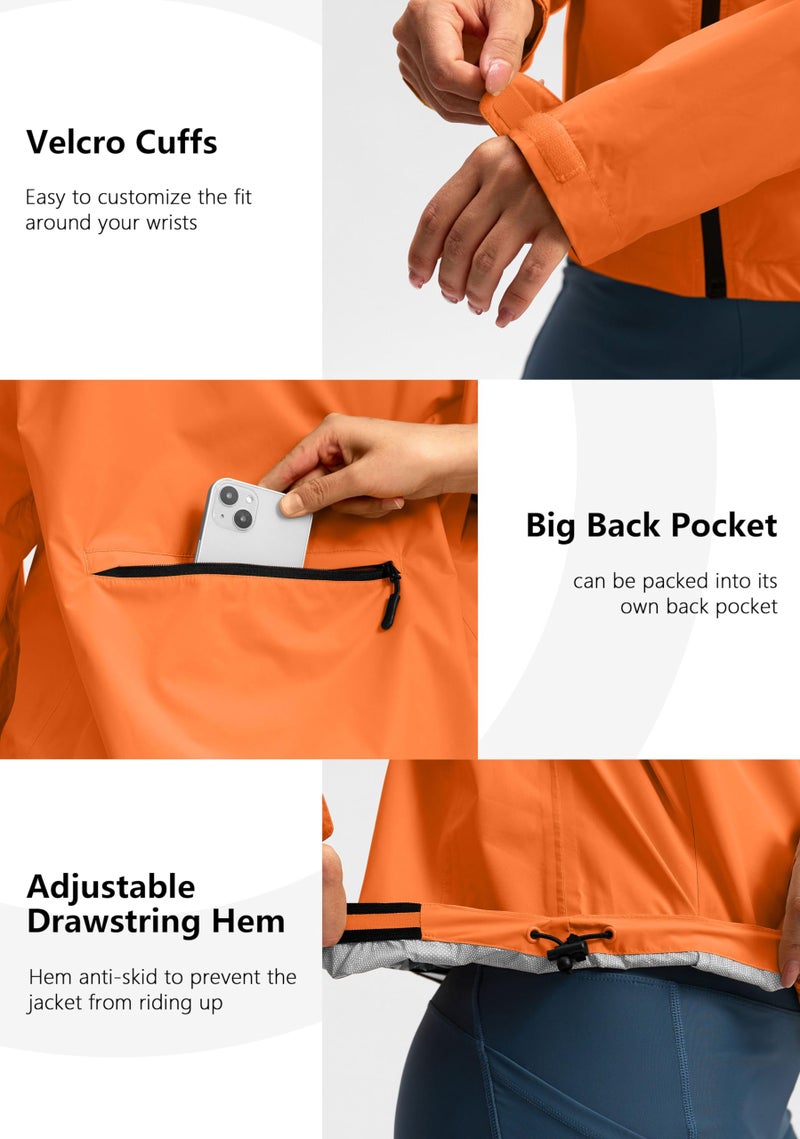 Bikewa Women's Cycling Rain Jackets Waterproof Windbreaker Lightweight Running Windproof Reflective Jacket Packable Hooded(Orange,XL) - Image 5