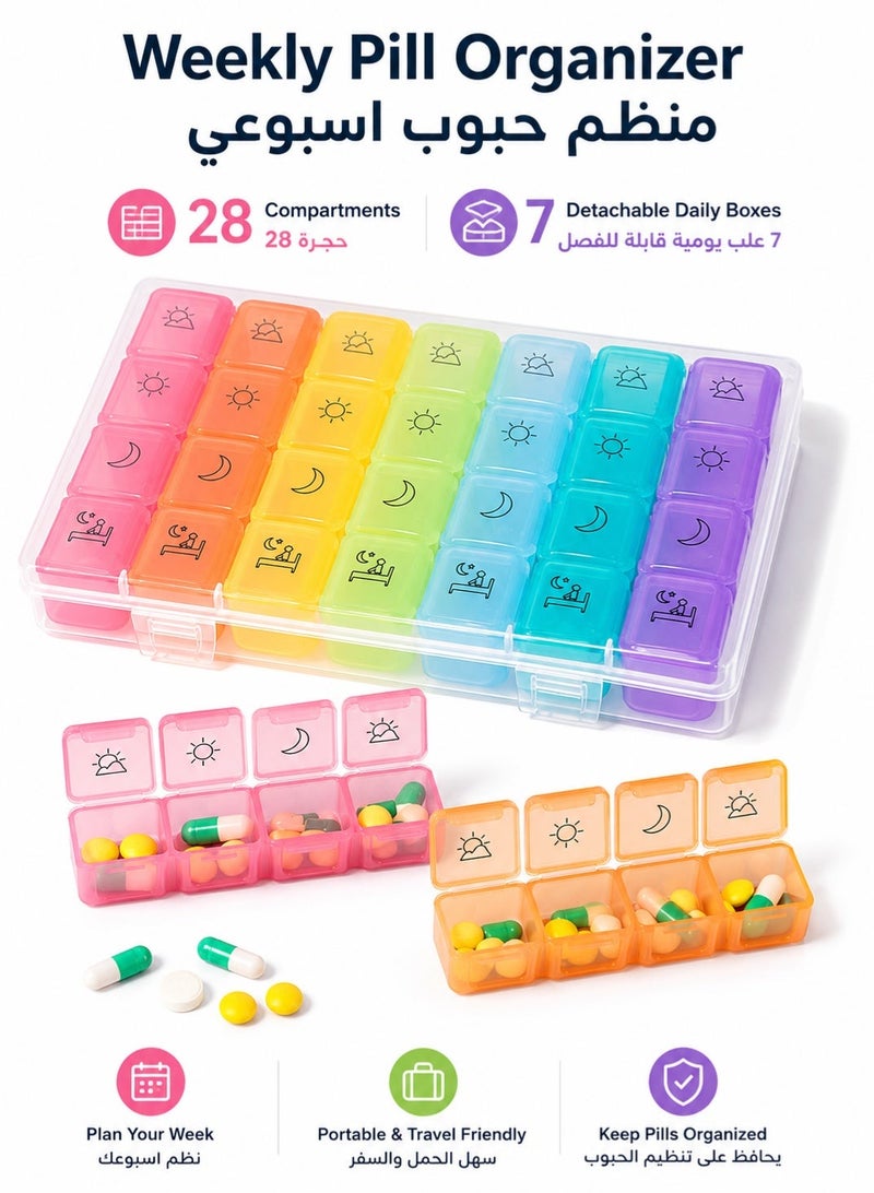 7-Day Pill Organizer with 28 Compartments, Detachable Daily Pill Box with 4 Time Slots, Portable Medicine and Vitamin Storage Case for Home and Travel - Image 1