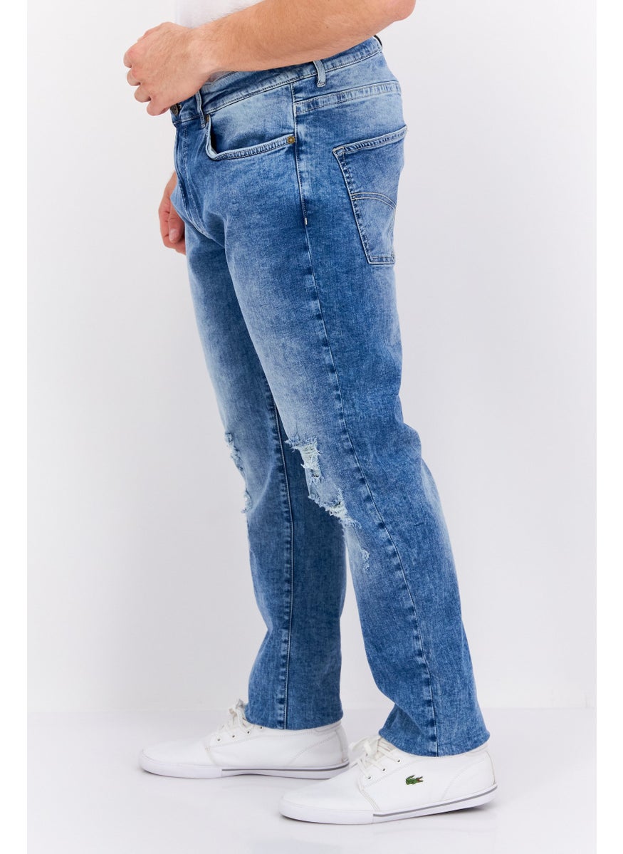 GAS - Men Carrot Fit Mid Waist Rip Stretchable Denim, Washed Blue - Image 1