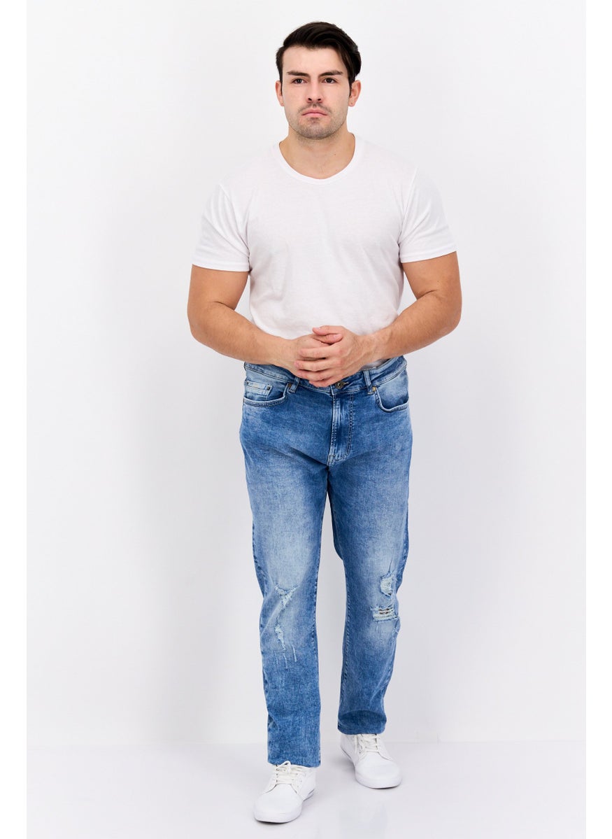 GAS - Men Carrot Fit Mid Waist Rip Stretchable Denim, Washed Blue - Image 1