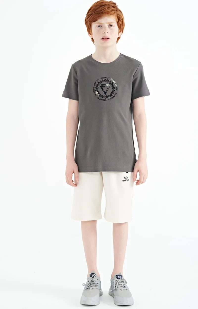 Tommy Life Dark Gray Embroidery Detailed O Neck Standard Pattern Boy T-Shirt - 11115