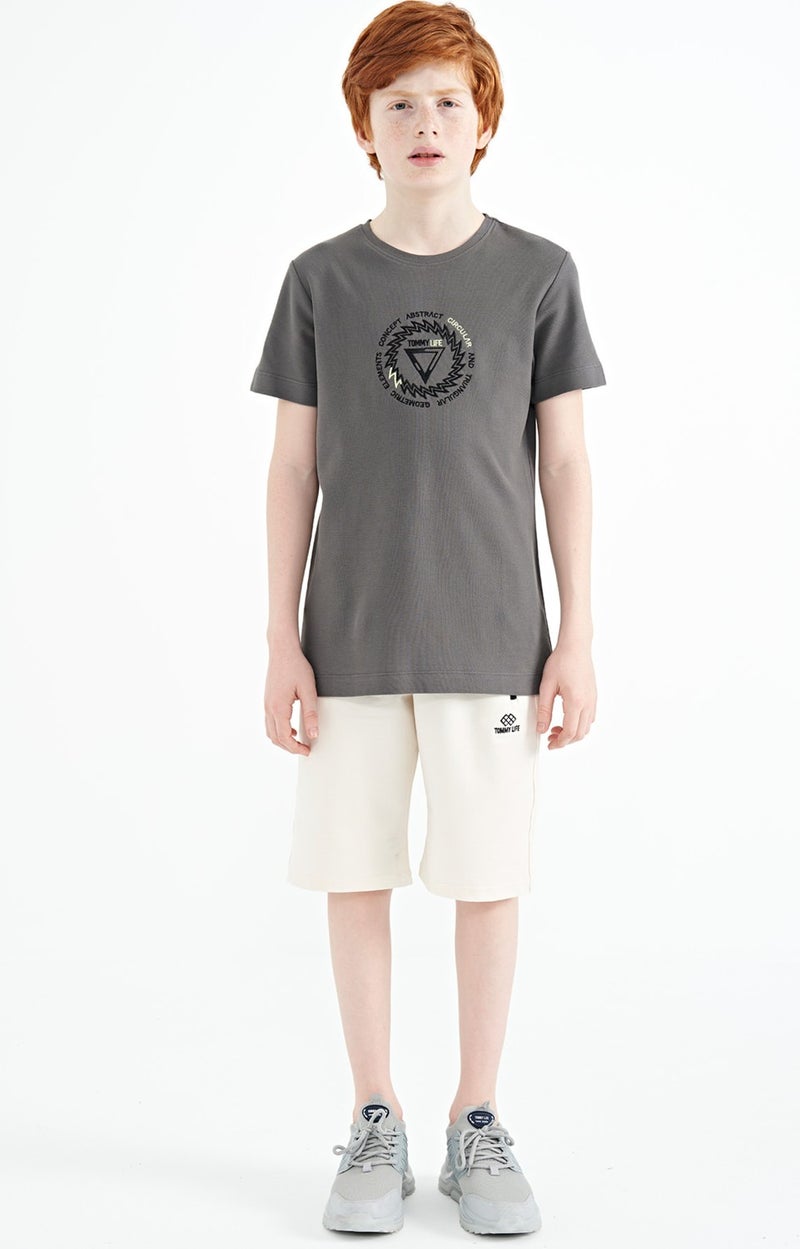 Tommy Life Dark Gray Embroidery Detailed O Neck Standard Pattern Boy T-Shirt - 11115 - Image 2