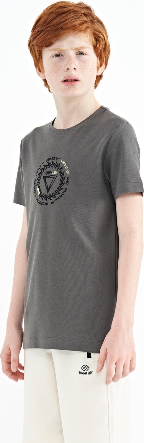 Tommy Life Dark Gray Embroidery Detailed O Neck Standard Pattern Boy T-Shirt - 11115 - Image 5