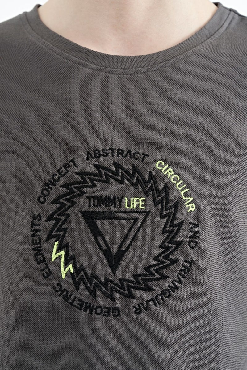 Tommy Life Dark Gray Embroidery Detailed O Neck Standard Pattern Boy T-Shirt - 11115 - Image 3