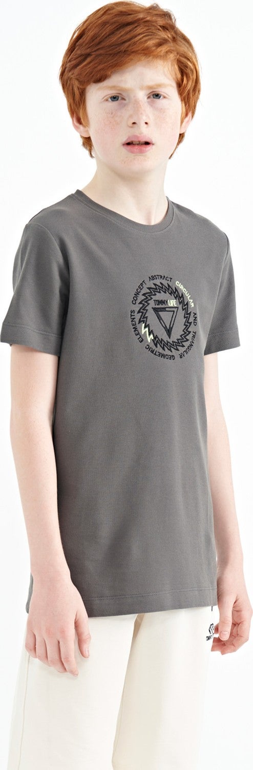 Tommy Life Dark Gray Embroidery Detailed O Neck Standard Pattern Boy T-Shirt - 11115 - Image 4