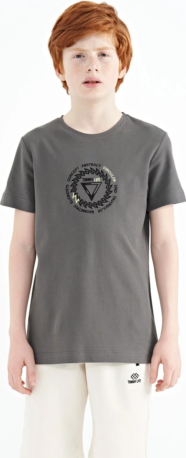 Tommy Life Dark Gray Embroidery Detailed O Neck Standard Pattern Boy T-Shirt - 11115