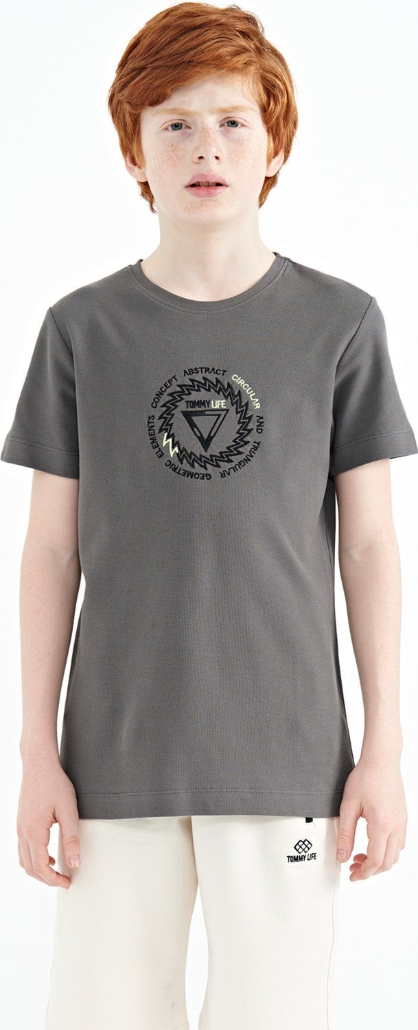 Tommy Life Dark Gray Embroidery Detailed O Neck Standard Pattern Boy T-Shirt - 11115 - Image 1