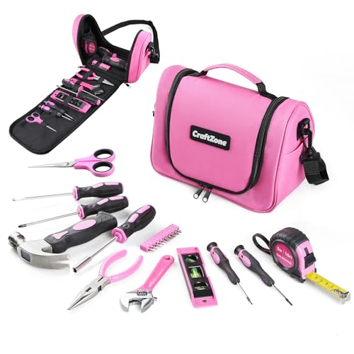 CRAFTZONE Pink Tool Set,Tool Bag for Women with Shoulder Strap,Basic Tool Kit,21Pcs,Tool Pouch with Zipper,Portable Tool Bag with Tools for Home|Dorm|Office|DIY|Desk|Apartment - Image 1