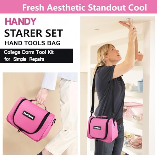 CRAFTZONE Pink Tool Set,Tool Bag for Women with Shoulder Strap,Basic Tool Kit,21Pcs,Tool Pouch with Zipper,Portable Tool Bag with Tools for Home|Dorm|Office|DIY|Desk|Apartment - Image 2